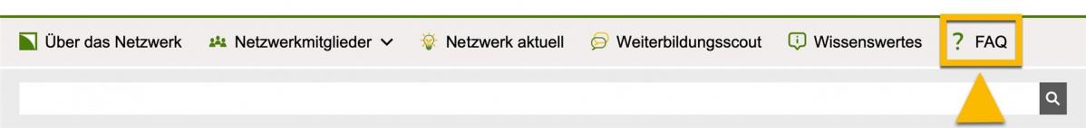 Bildschirmfoto Haupt-Bereich. Der Haupt-Bereich "FAQ" ist mit einem orangenen Rahmen markiert. Ein Pfeil zeigt darauf.