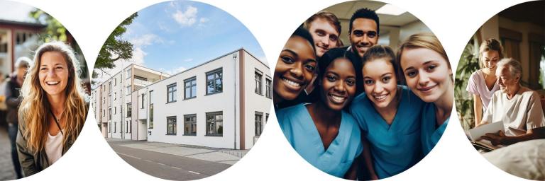 Bild zeigt verschiedene Motive wie Azubis, Haus, Ausbildungssituationen beim Diakonischen Institut