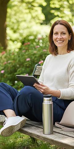 Lächelnde Frau sitzt entspannt auf Parkbank mit Tablet und Kaffee, symbolisiert flexible berufliche Weiterbildung