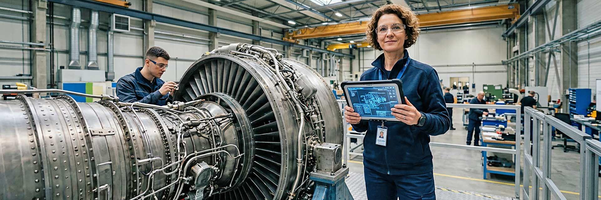 Frau mit Tablet an einer Turbine