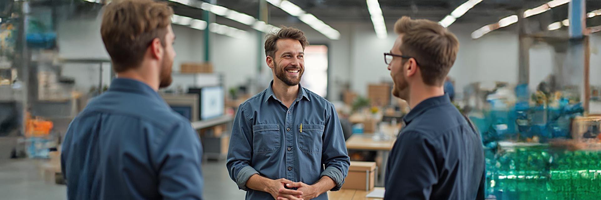 Person delegiert selbstbewusst im Team in einer Werkstatt – Symbol für beruflichen Erfolg durch Persönlichkeit und Soft Skills