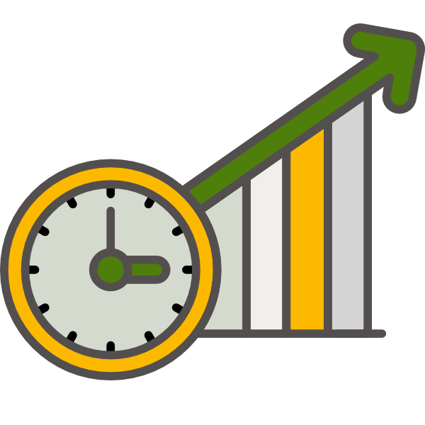 Bild zeigt Icon mit Uhr und einem aufsteigenden Diagramm als Metapher für Zeitmanagement