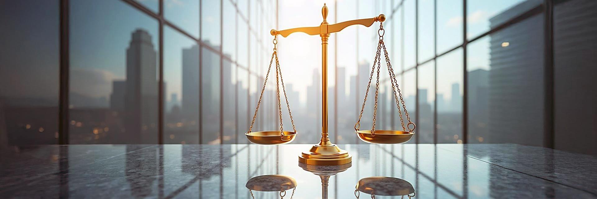 Bild zeigt goldene Waage vor modernem Gebäude als Symbol für Fairness in der Unternehmenskultur